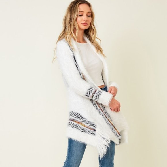 NEW ON BLUE AZTEC SOUTHWESTERN sweater drape cardigan fringe white soft Sm-3XL - Picture 7 of 9